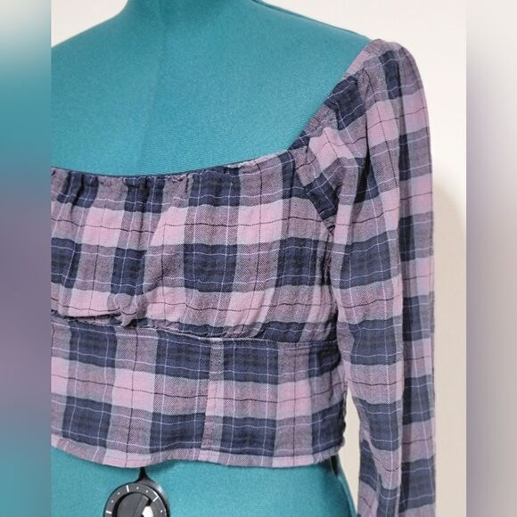 Wild Fable Long Sleeve Crop Top Square Neck Plaid Purple Cotton Size XXL - Picture 3 of 8
